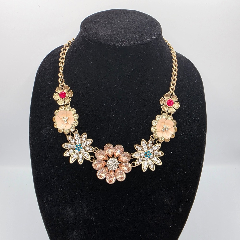 Womens Gold Tone Chain Multicolor Flower Rhinestone Pendant Art Deco 19"
